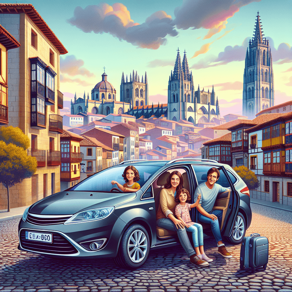 Famiglia felice in auto, strada lastricata, panorama gotico di Oviedo