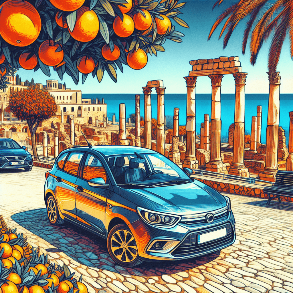 Stadt-Auto, römische Ruinen, Mittelmeer, vibrierende Orangenbäume