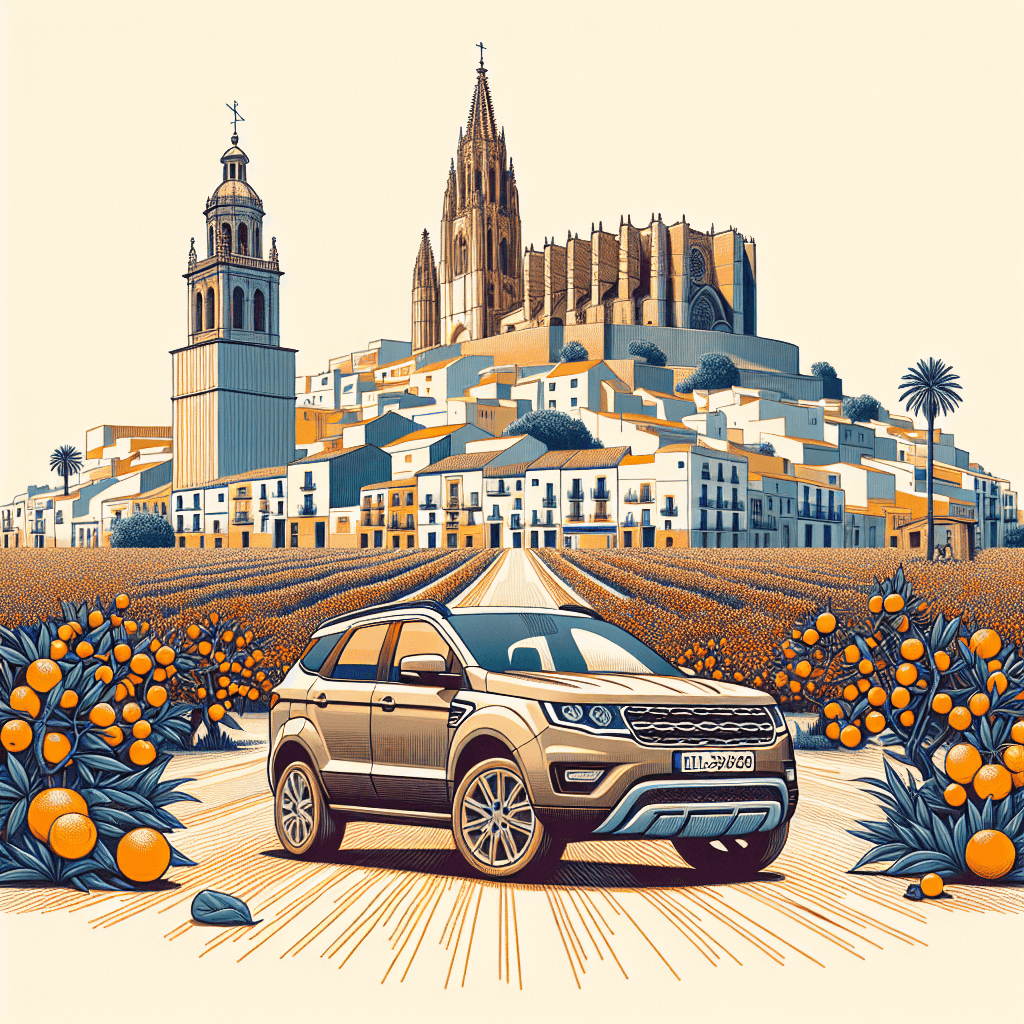 Stadtauto umgeben von Castellón, blühenden Orangenbäumen und El Fadrí